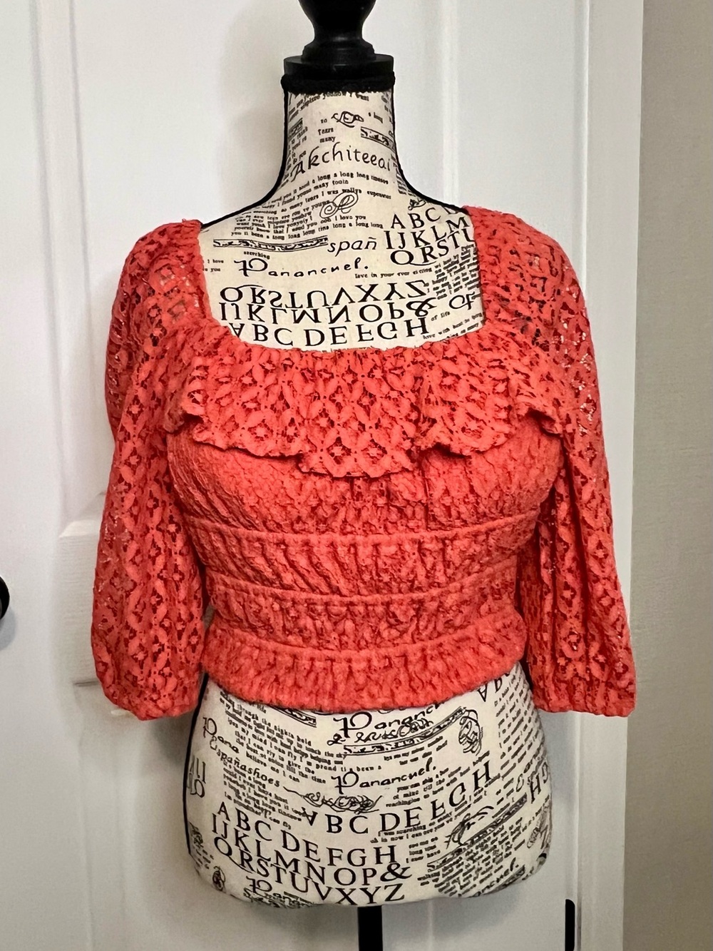Coral Crochet Ruffle Square-Neck Crop Top